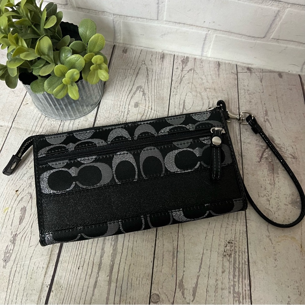 Coach Black Silver Signature Monogram Canvas Stripe Wristlet Wallet Metallic - Picture 2 of 15
